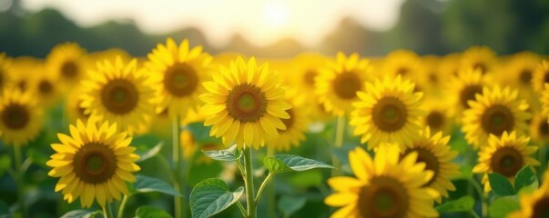 Fototapeta premium Tall sunflowers in a summer field, hazy sunlight , outdoors, sunflowers