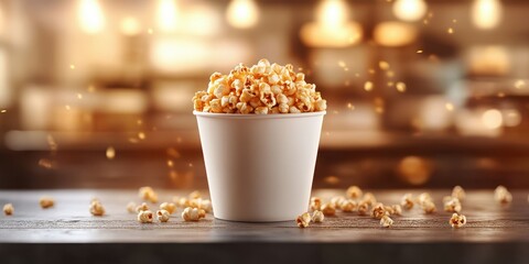 Delicious freshly popped popcorn served in a white container on a wooden surface in a cozy snack shop environment