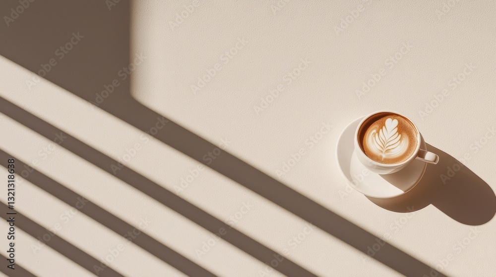 Poster flat lay of a cup of coffee on a beige background. the cup is white with a saucer and is placed on t