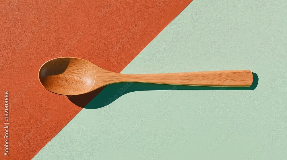 Poster flat lay of a wooden spoon on a colorful background. the spoon is made of light-colored wood and has