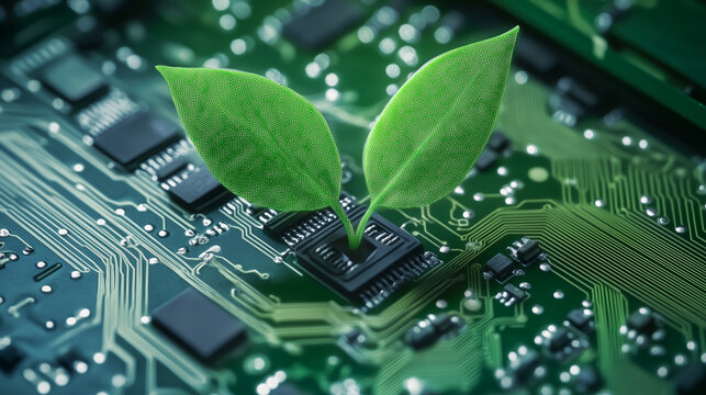 Sustainable Technology: Green Leaves Sprouting from a Microchip, Representing Eco-Friendly Innovation and Environmental-Friendly Digital Advancements
