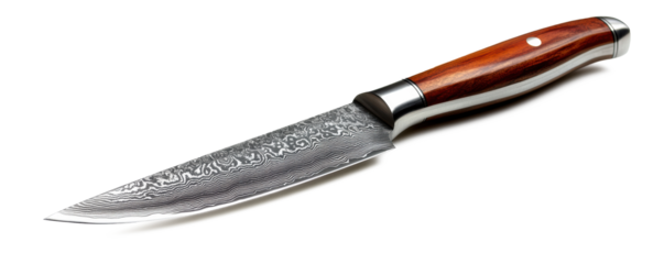 A high-end chef's knife with a Damascus steel blade and wooden handle, ultra-detailed, studio lighting, white background.