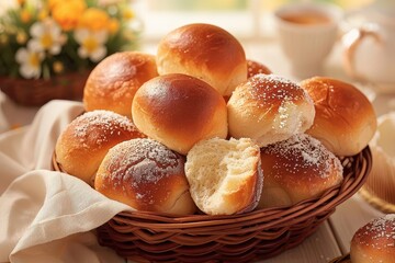 Freshly baked rolls in a basket with powdered sugar, perfect for a cozy meal setting.