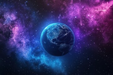 Vibrant cosmic scene of earth against colorful nebula in space.