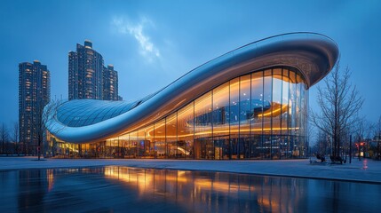 Obraz premium Modern architectural marvel at dusk with sleek curves and illuminated interiors.