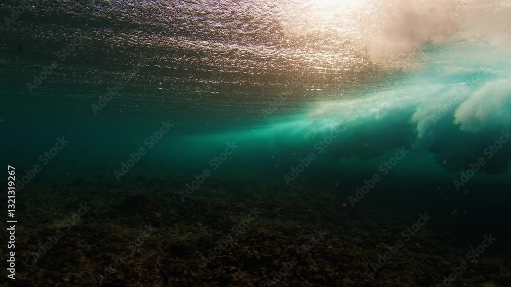 Leinwandbilder underwater view of powerful ocean wave. wave rolls and breaks as seen from low point of view. maldiv