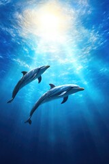 Dolphins swimming in the deep blue ocean under bright sunlight