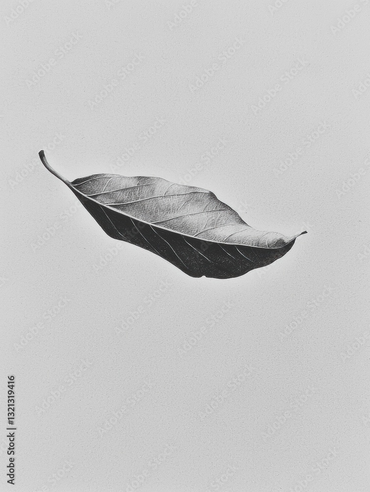 Poster black and white photograph of a single leaf. the leaf is in the center of the image and is the only 