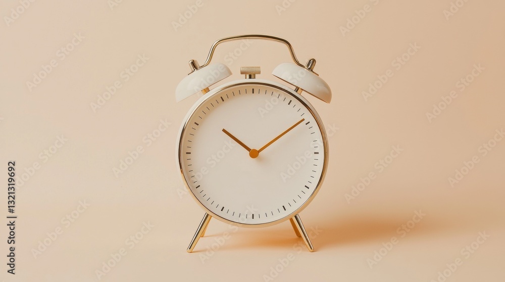 Poster the image is of a white alarm clock with two bells on top. the clock has a round face with black num