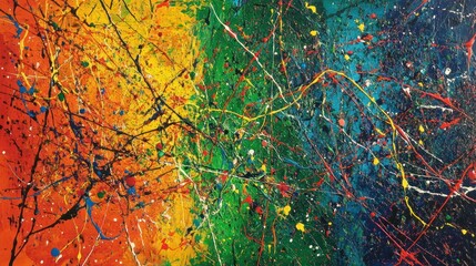 A vibrant abstract painting featuring splashes of color in a dynamic, energetic composition.