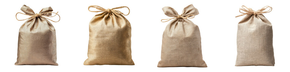 Cozy burlap sacks or bags with natural tied bows in a rustic country style holiday or Christmas setting  Handmade textile packaging wrapping or containers made of organic
