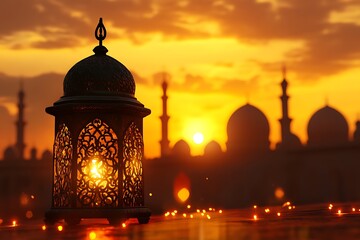 A captivating image of a decorative crescent moon illuminated by warm fairy lights and traditional lanterns