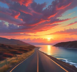 Illustration of road in wild and scenic landscape.
