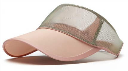Close-up of a baseball cap. the cap has a curved brim and an adjustable strap at the back. the front of the cap is made of a mesh-like material in a light pink color.