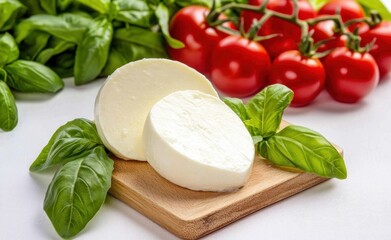 Fresh mozzarella with basil and tomatoes on a wooden board.