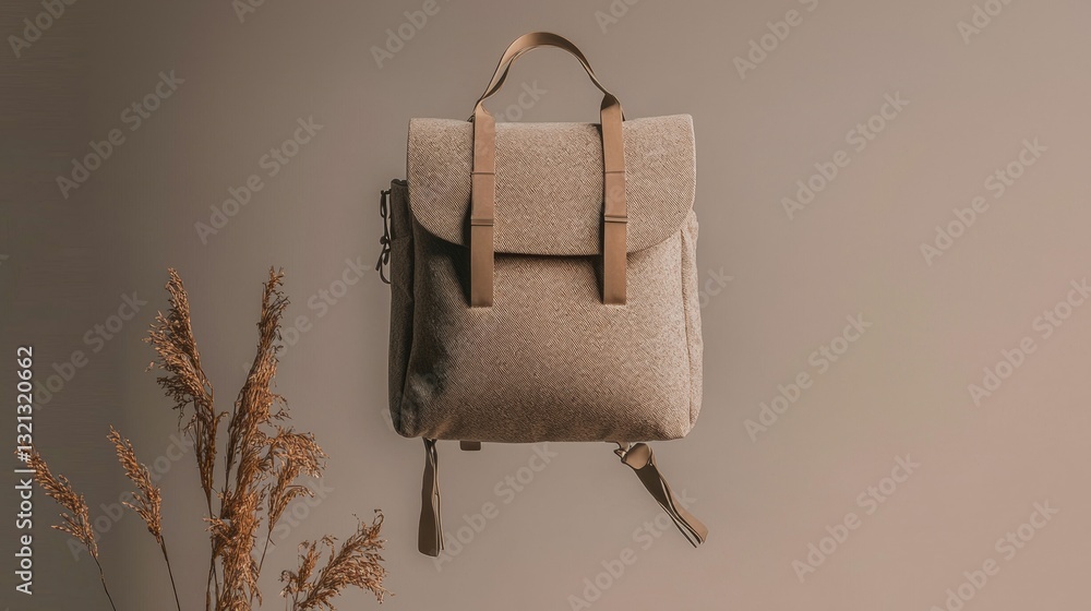 Poster beige-colored backpack hanging on a plain beige wall. the backpack has a rectangular shape with a fl