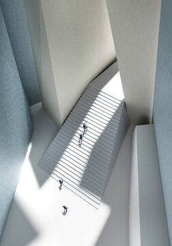 Abstract environnent with stairs representing the way to success and business people walking upstairs. 3D rendering