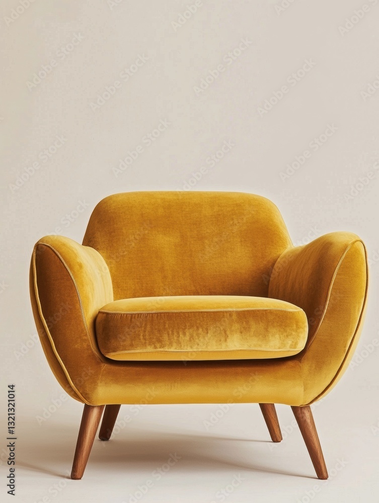 Poster the image is of a modern armchair with a curved backrest and armrests. the chair is upholstered in a