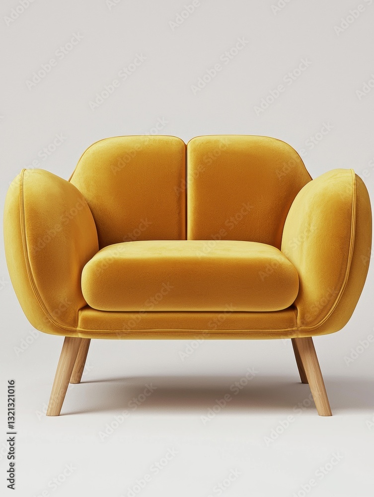 Poster 3d rendering of a modern sofa in a bright yellow color. the sofa has a curved backrest and armrests,