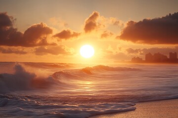 Sunrise over ocean waves, casting warm light on shoreline and city skyline in background