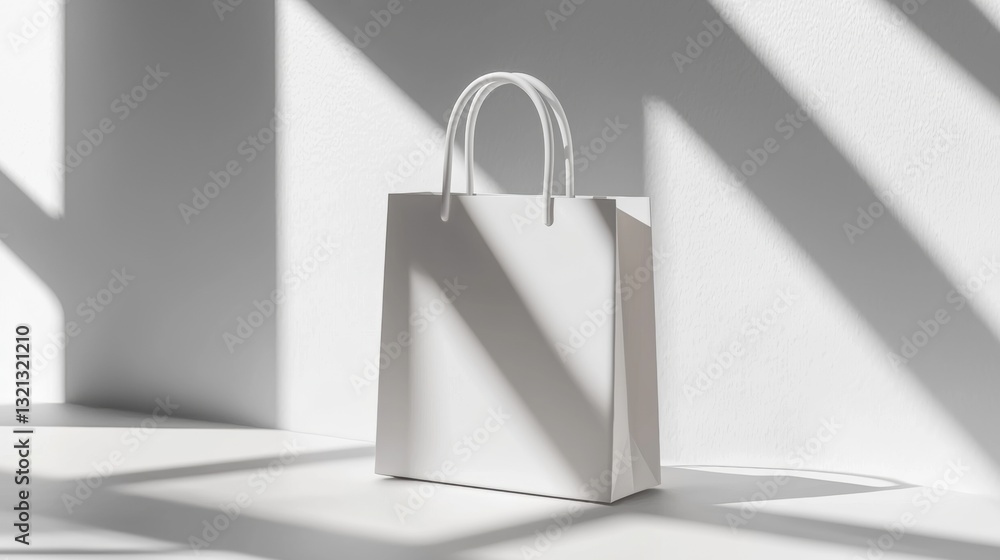 Poster 3d rendering of a white shopping bag with a handle. the bag is placed on a white surface and is cast