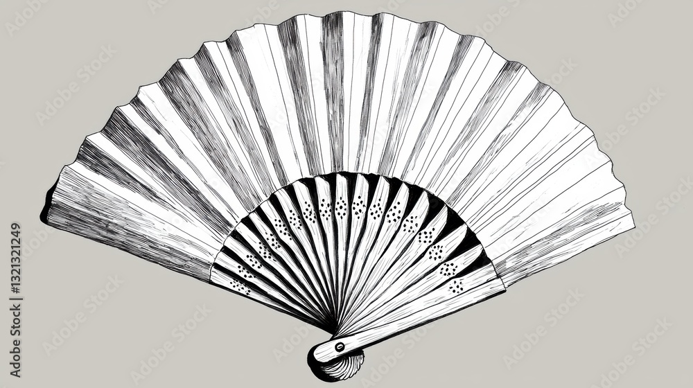Poster black and white illustration of a hand-drawn fan. the fan has a curved shape with a pointed tip at t
