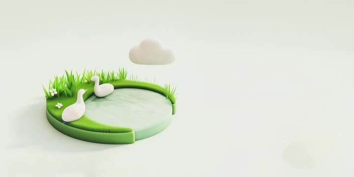Minimalist block of a nature pond with crane birds and trees, 3d looping animation digital render , 2:1 Animated Desktop Background