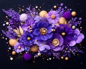 Purple and gold floral arrangement with textured spheres