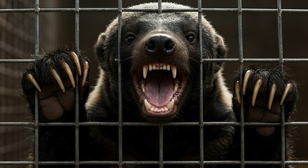 A Captive Honey Badger Showing its Teeth Through Cage Bars: A Powerful Wildlife Portrait