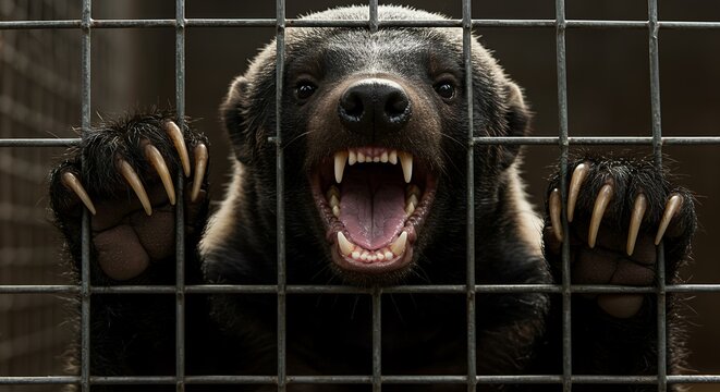 A Captive Honey Badger Showing its Teeth Through Cage Bars: A Powerful Wildlife Portrait