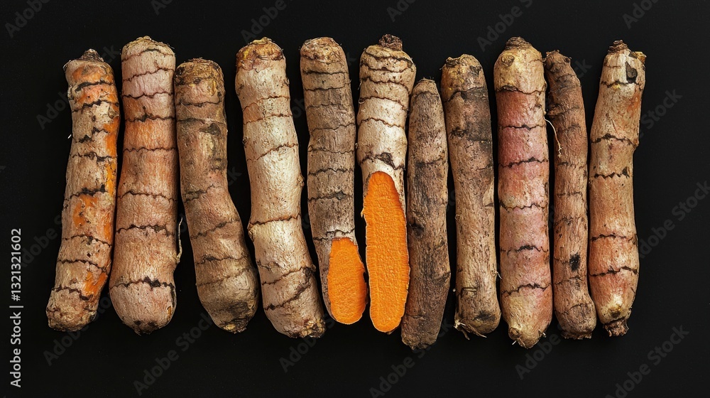 Poster group of nine long, cylindrical objects arranged in a row on a black background. the objects appear 