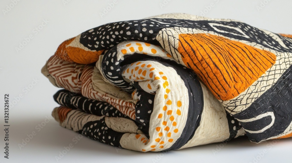Poster stack of folded fabric with an abstract design. the fabric appears to be made of cotton or a similar