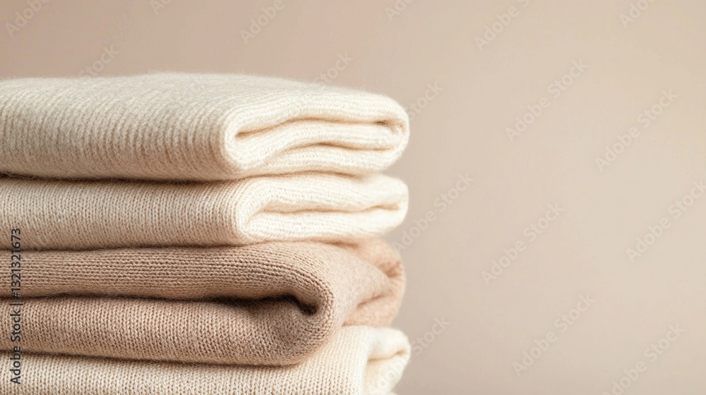 Poster stack of folded beige-colored towels. the towels are neatly folded and stacked on top of each other,