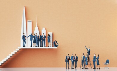Business people working together in City. Abstract environment with stairs, business concept 3D rendering