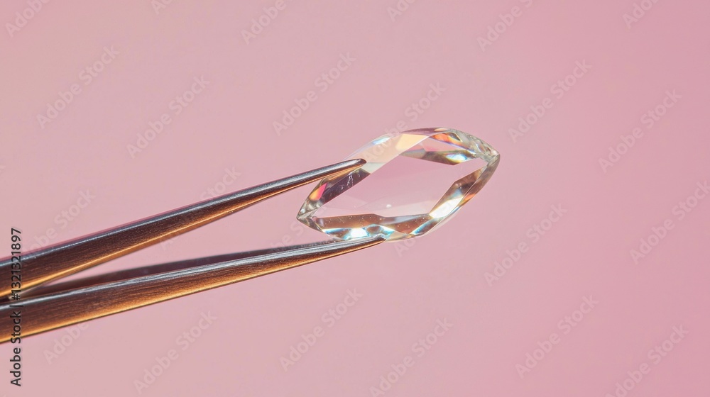 Poster pair of tweezers holding a large, faceted diamond. the diamond is in the center of the image, with i