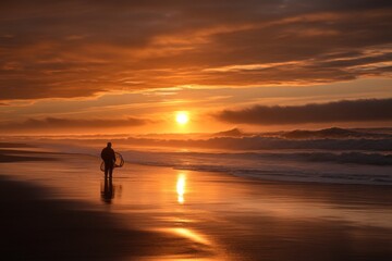 Surfer walks along beach at sunset with peaceful ocean waves and colorful sky in the background