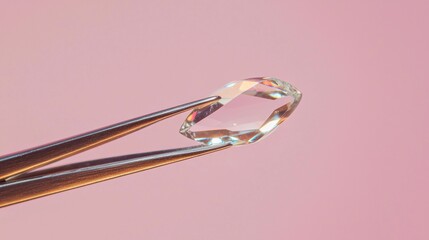 Pair of tweezers holding a large, faceted diamond. the diamond is in the center of the image, with its facets reflecting the light and creating a sparkling effect.