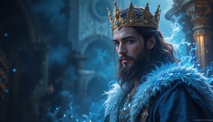 Majestic King in Golden Crown and Blue Robes