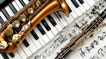 Obraz premium Golden Saxophone Clarinet Piano Keys Music Sheet Background