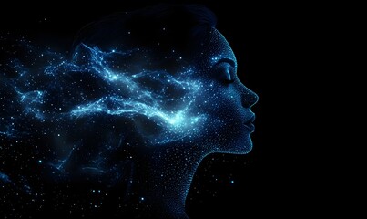 a woman's profile silhouette with a cosmic design emanating from her head.