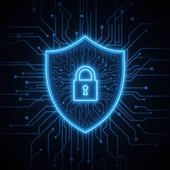 Digital shield symbolizing cybersecurity, glowing blue lock within a protective shield, modern tech theme emphasizing security.