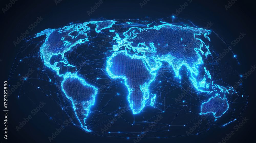 Poster digital world map with glowing connections representing global networks
