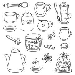 doodle-style tea set with mugs, teapots, cookies, candy, cream and sugar. Ideal for use in tea packaging design, kitchen products, cafes, food blogs and restaurants. Isolated objects on a white
