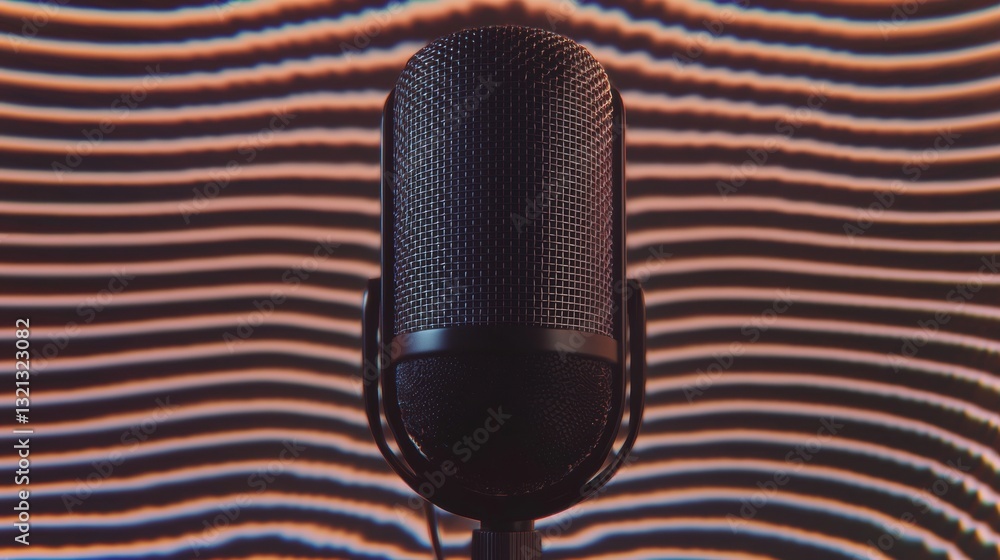 Poster close-up of a microphone on a stand. the microphone is black and has a mesh-like design on the top. 