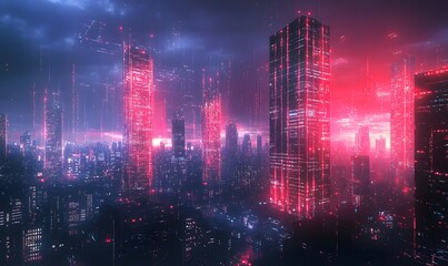 Fototapeta premium a futuristic cityscape with illuminated skyscrapers.