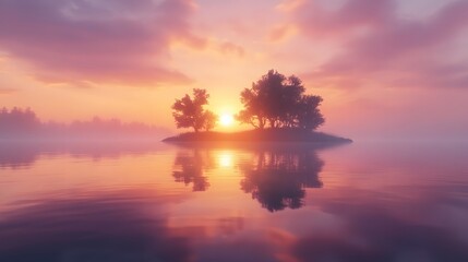 Obraz premium Breathtaking dawn sunrise over still lake mirrors golden and pink clouds, with silhouetted tree island on horizon, misty surface, and dreamy pastel sky in symmetrical, tranquil landscape. 