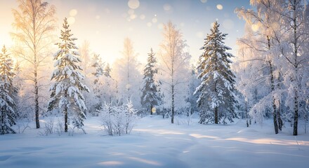 Fototapeta premium Winter Wonderland Landscape with Snow Covered Trees, Forest and Sunlight Bokeh Effect