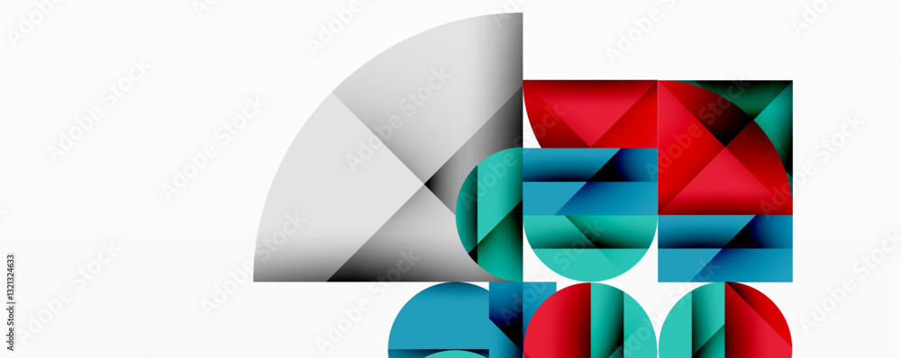 Poster Modern abstract composition with layered circles and angular segments featuring gradients, transparency effects, and a structured geometric layout