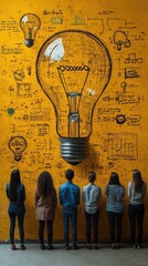 Group of people standing before a large light bulb illustration on a vibrant yellow wall, brainstorming ideas