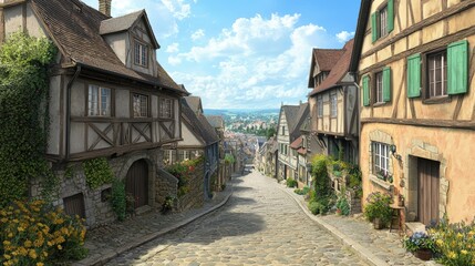 Charming cobblestone street, explore a historic stonepaved pathway in picturesque european town